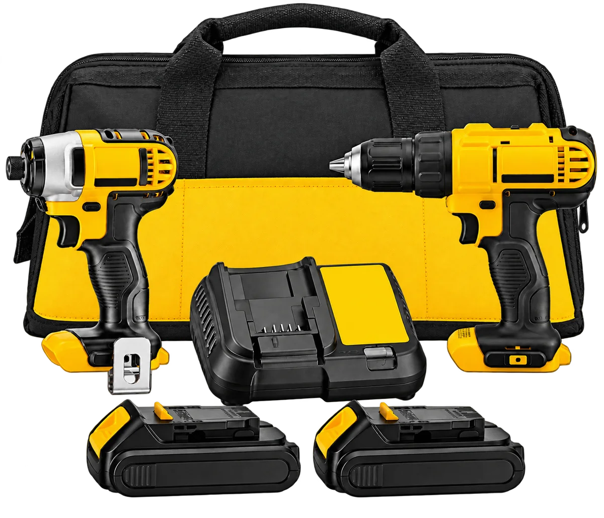 Cordless drill, impact driver, batteries, charger and carrying bag